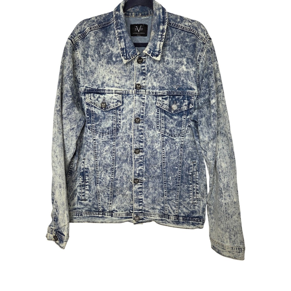 1969 Italia Mens XL Acid Wash Denim Jacket Graphic Patch‎